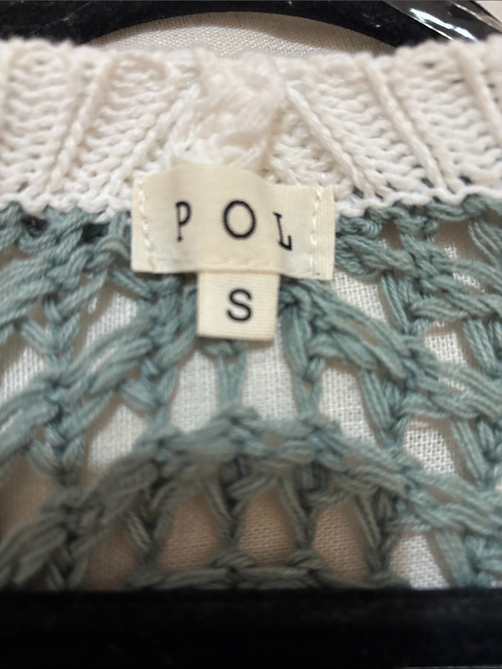 POL Crochet Open-Knit Peace Sign Sweater Poncho in Sage Green and White - Picture 8 of 8
